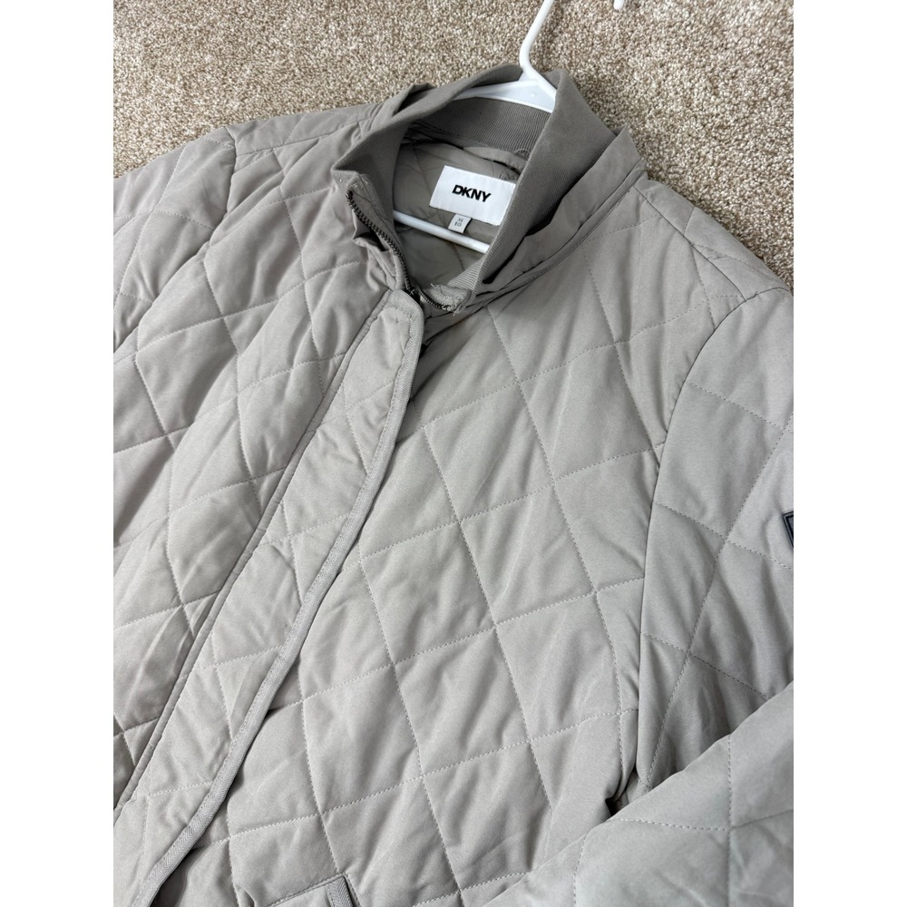 DKNY Womens Quilted Jacket‎ Longline Bomber tan Gray XL Zip Snap Coat Streetwear